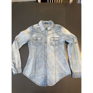 Cowgirl Light Blue Button Front Long Sleeve Denim Blouse Size S Fitted Western